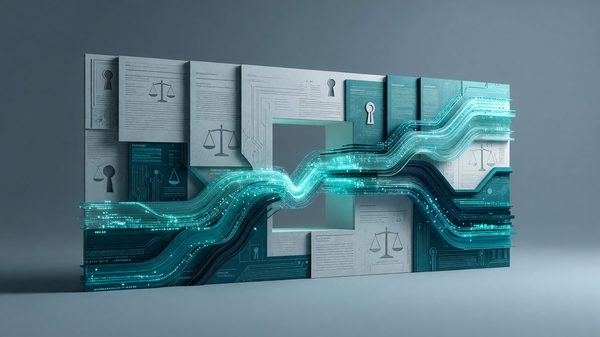 Digital health record icons connected by exchange lines symbolizing interoperability