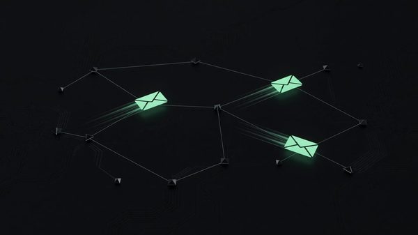 Abstract dark network diagram with glowing green encrypted message pathways between healthcare systems