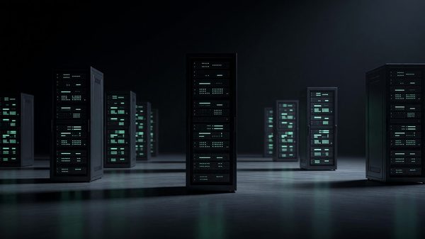 Abstract dark server room with glowing green data racks representing an archived legacy health records system