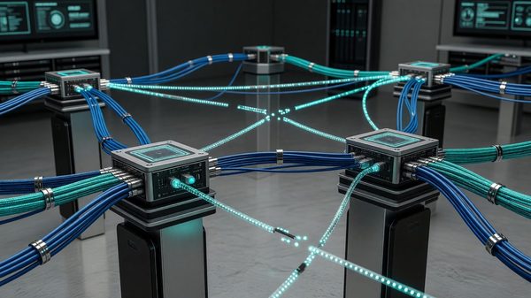 Abstract network of connected data nodes representing standardized health data exchange between systems