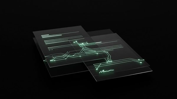 Abstract dark contract document interface with glowing green data-flow connections representing vendor liability chains