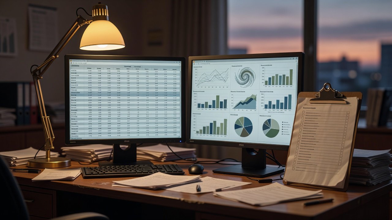 Dual monitors showing data tables and charts beside a clipboard checklist on an office desk at dusk
