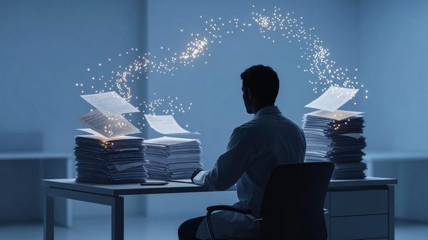 Physician typing clinical notes into a computer late at night at a kitchen table