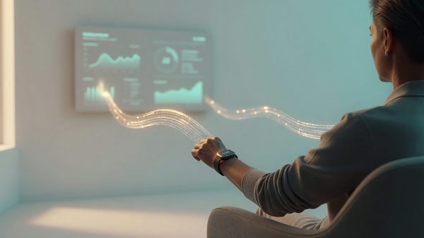Clinician reviewing remote patient monitoring dashboard with vital sign trend lines