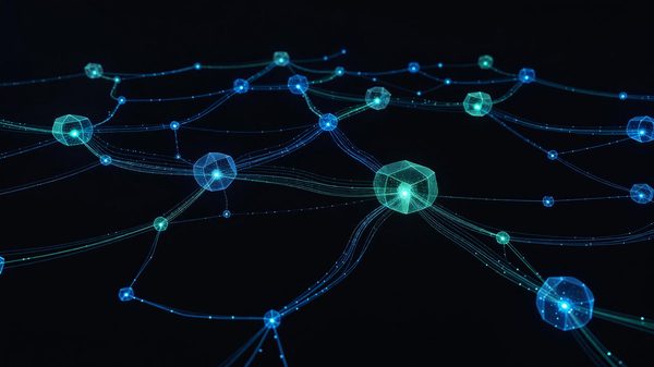 Five interconnected network hubs radiating data pathways across a stylized outline of the United States