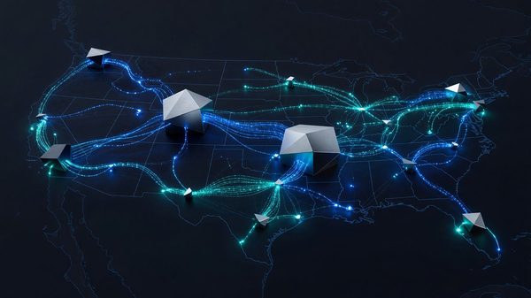 Abstract network diagram showing interconnected nodes representing hospitals and health networks linked by data pathways