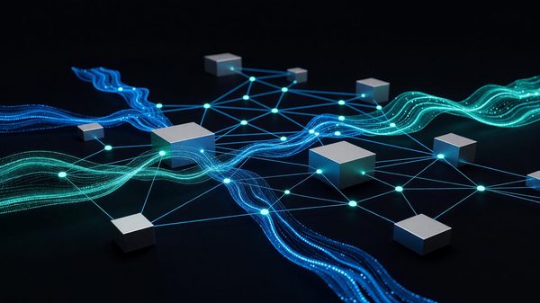 Abstract network diagram of connected healthcare data nodes representing API exchange